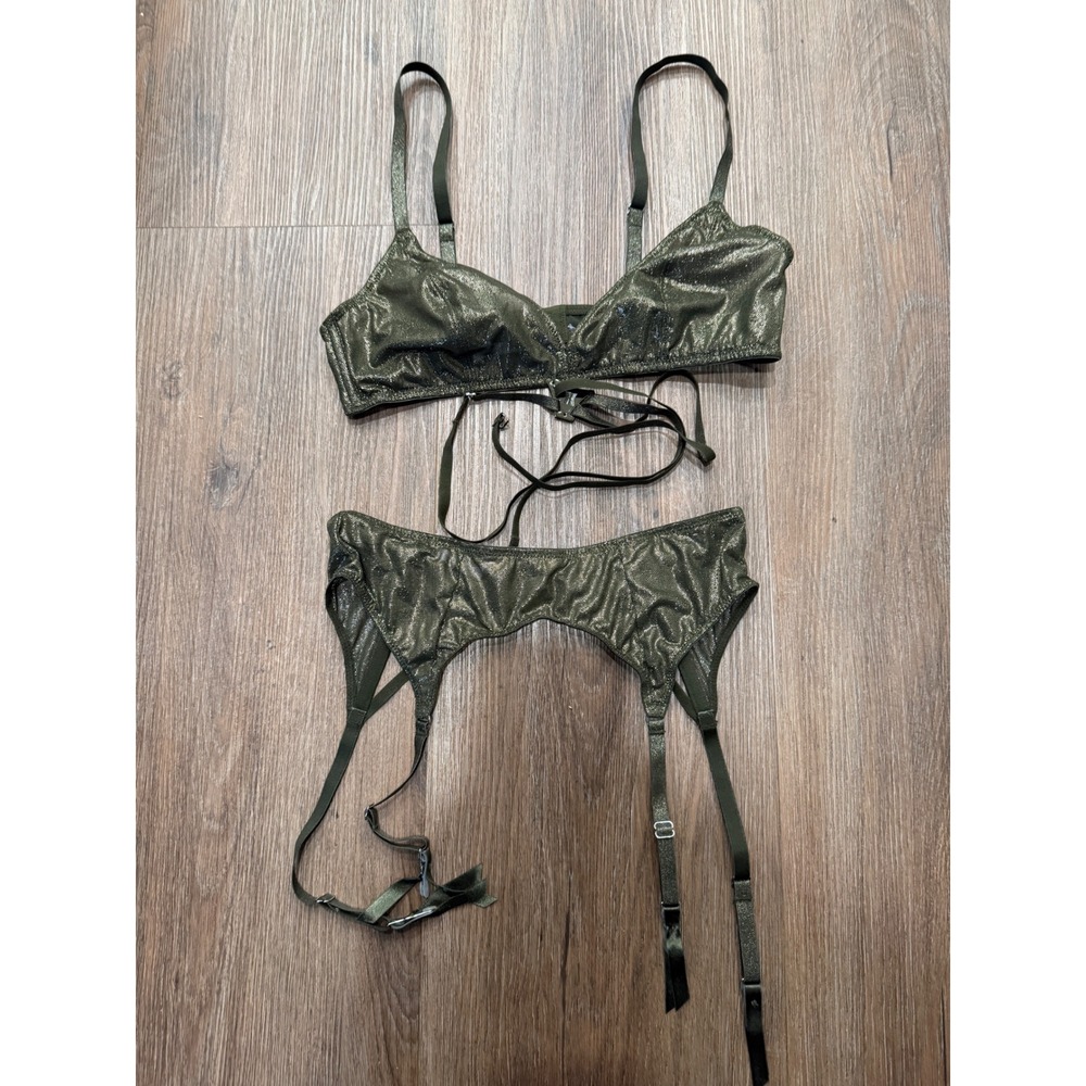 Savage X Fenty Metallic Olive Green Bralette and Garter Belt Set Shimmer small